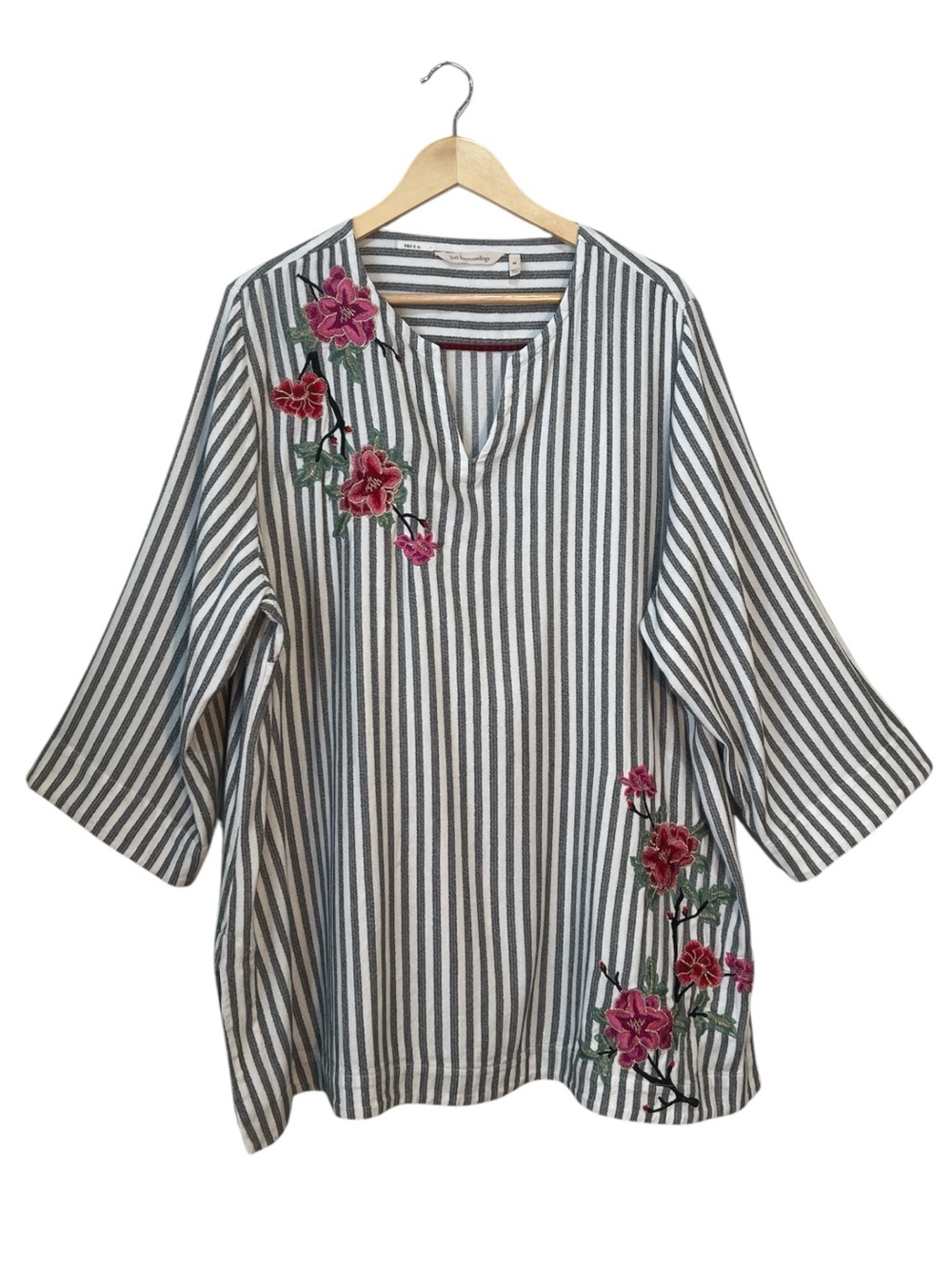 Soft Surroundings 3X Embroidered Floral Stripe Cotton Blend Boho Tunic Top